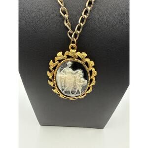 Vintage Gold-tone Cameo Pendant on Chain Cherub giving Woman Flowers